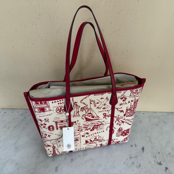 NWT Tory Burch Illustrated Tote in Red Cream highlighting international cities - Picture 10 of 13